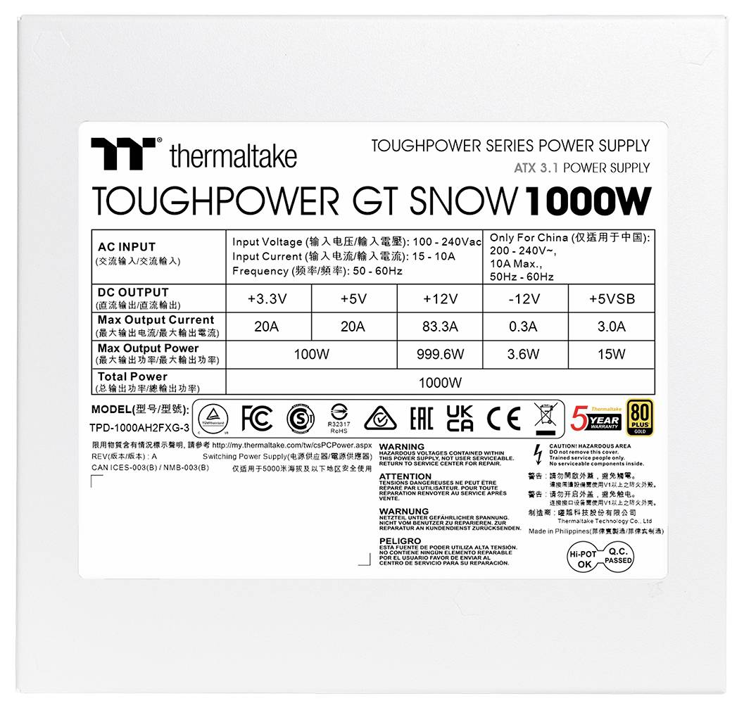 Thermaltake Toughpower GT Snow 1000W, 1000 W, 100 - 240 V, 50/60 Hz, 15 - 10 A, Actif, 100 W-2
