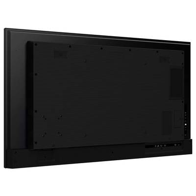 Vue arrière d'un grand écran plat montrant divers ports et évents, indiquant les options de connectivité et la conception du système de refroidissement.