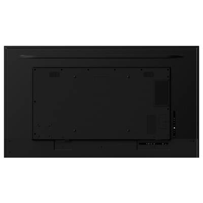 Vue arrière d'un téléviseur à écran plat montrant le panneau arrière avec des évents, des trous de montage et des ports d'entrée/sortie sur le côté droit.