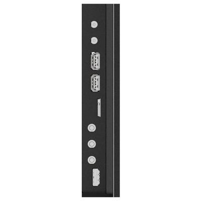 L'image montre le panneau latéral d'un écran d'ordinateur avec différents ports et boutons, notamment des ports USB, HDMI, audio et des commandes de mise sous tension.