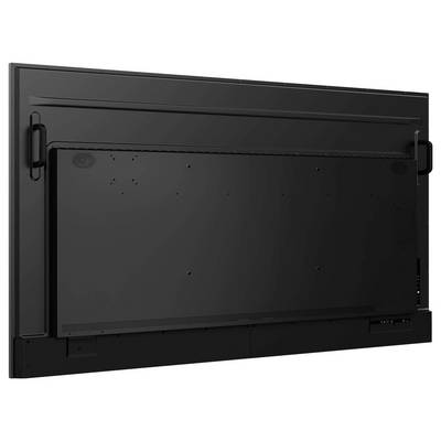 Un grand téléviseur à écran plat noir vu de dos, montrant les ports de connexion et les supports de montage sur un fond sombre.