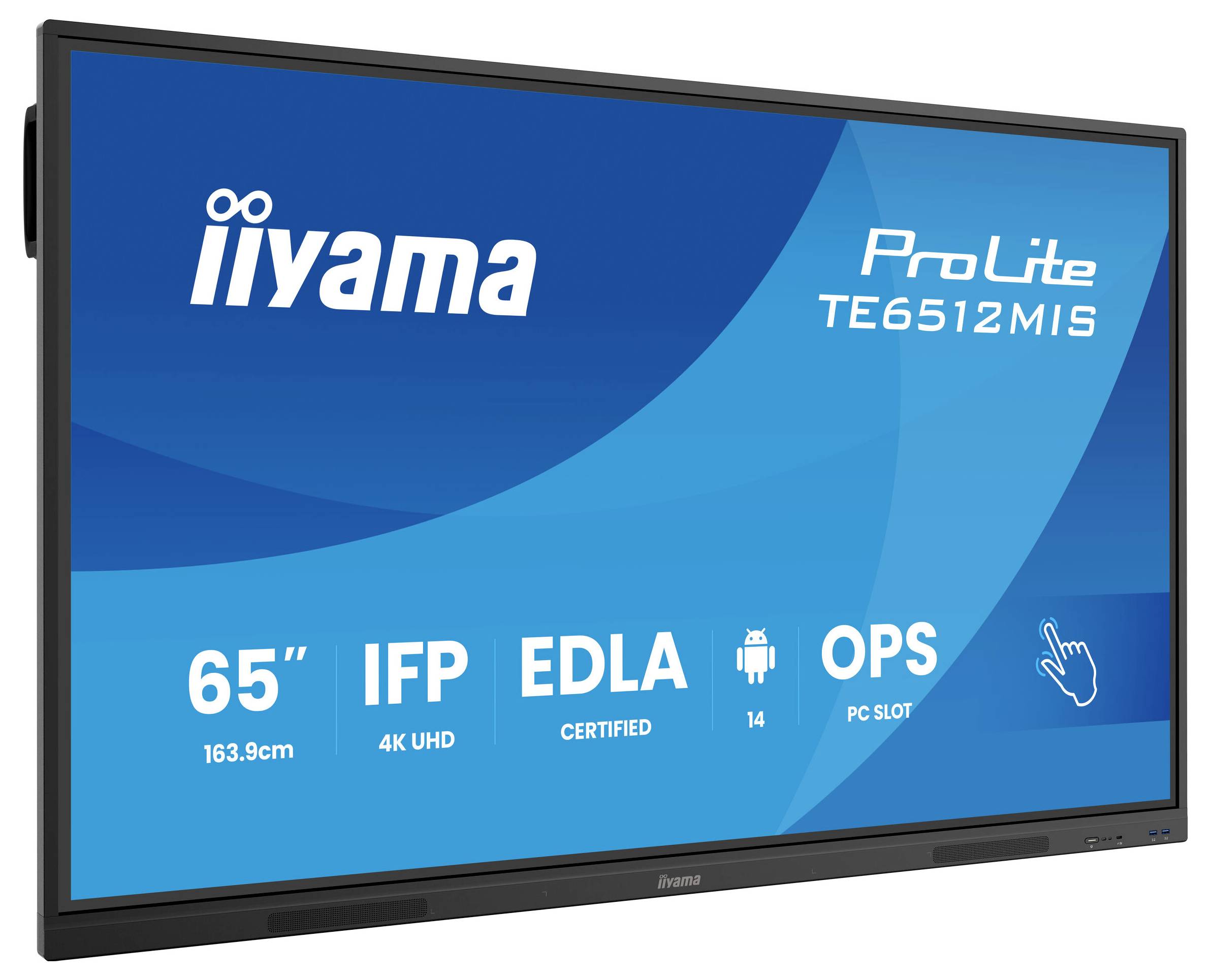 Un grand écran interactif avec le nom de modèle « iiyama ProLite TE6512MIS », comprenant des caractéristiques telles qu'une taille de 65 pouces, une résolution 4K UHD, certification EDLA, compatible Android 11 et doté d'un emplacement pour PC.