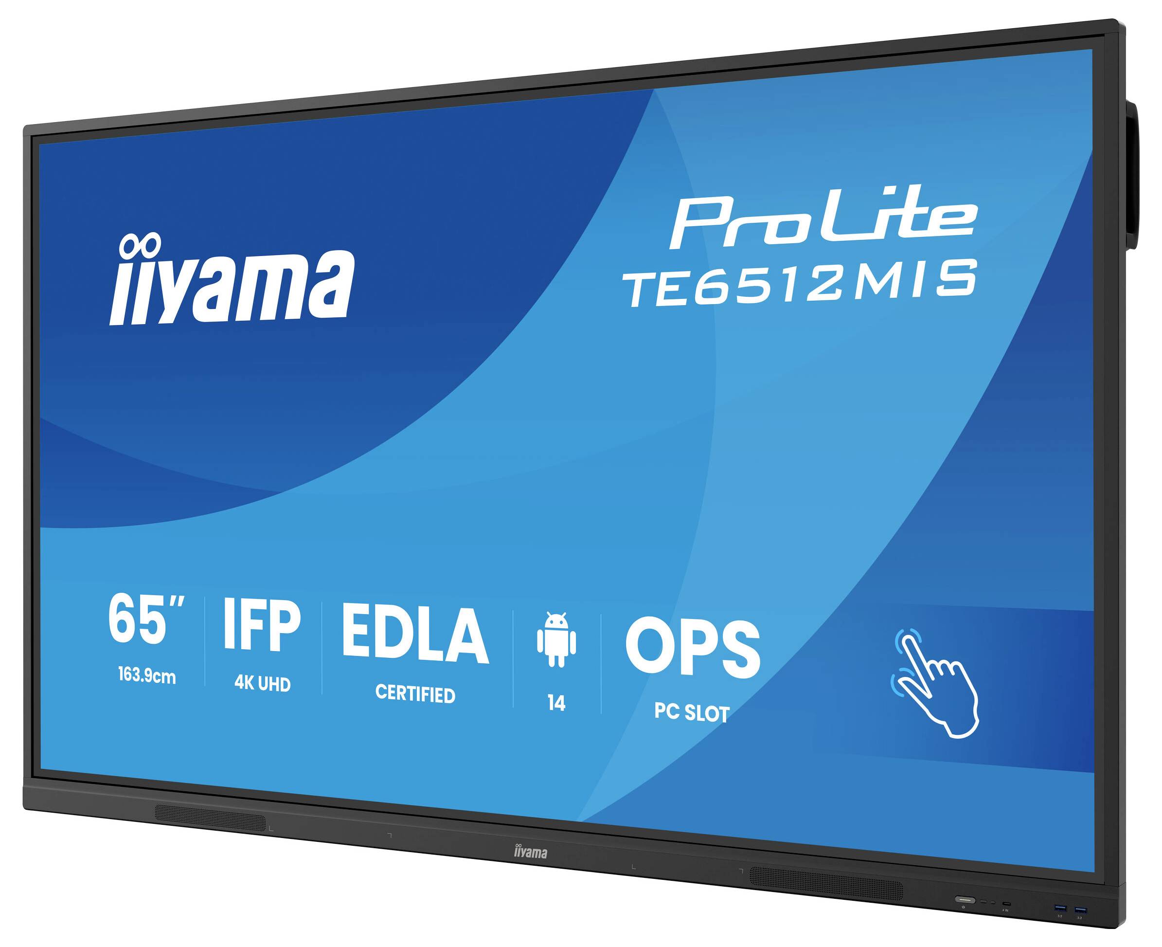 Écran iiyama ProLite TE6512MIS de 65 pouces avec des fonctionnalités telles que 4K UHD, IFP, certification EDLA, Android 14, emplacement pour PC OPS et capacité tactile.