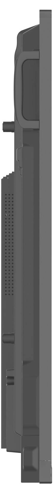 Vue latérale d'un téléviseur à écran plat gris foncé, présentant son profil fin et son design minimaliste avec des ports visibles à l'arrière.