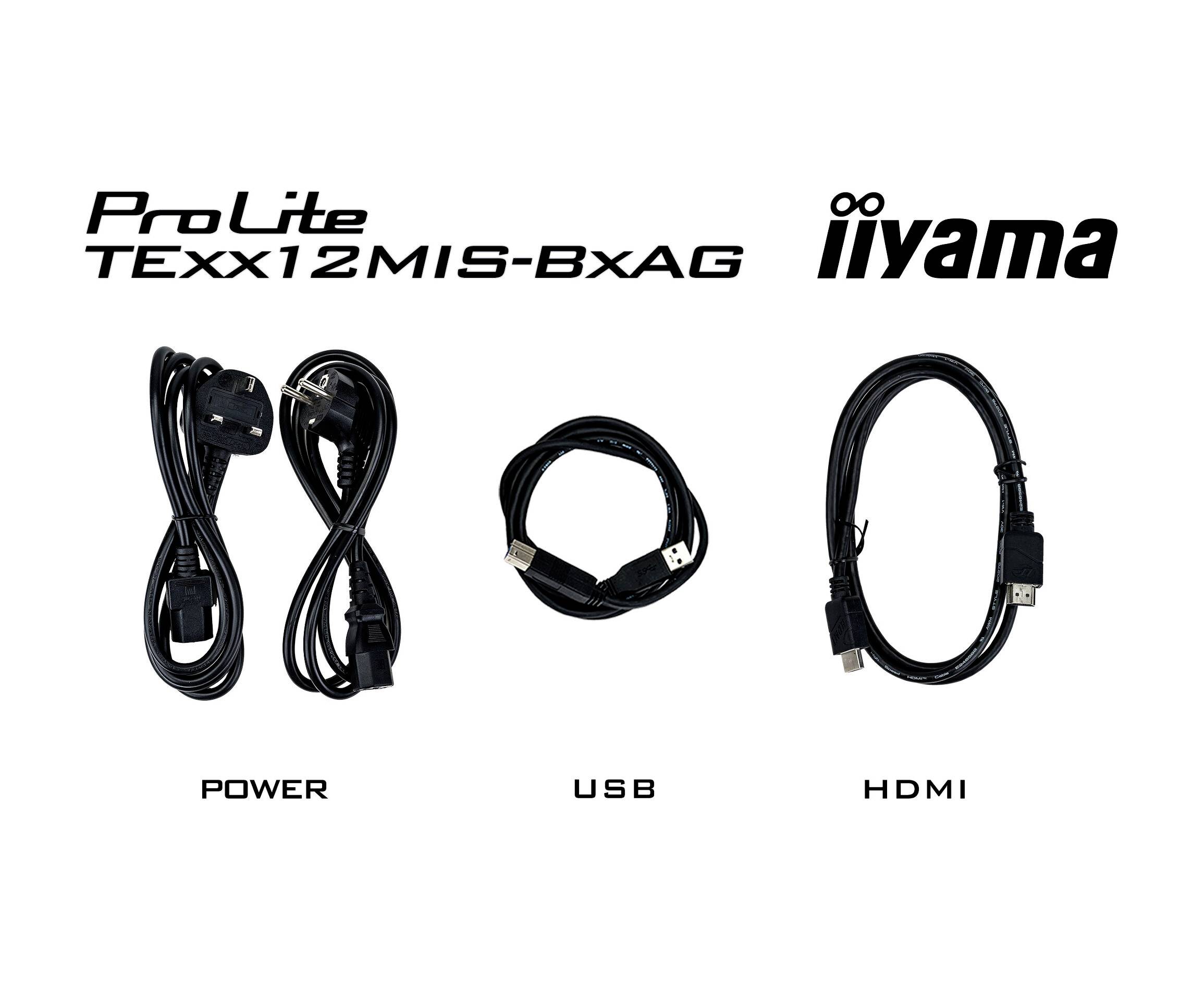 Câbles pour un moniteur étiqueté « ProLite TExx12MIS-BxAG » de iiyama, comprenant des câbles d'alimentation, USB et HDMI, disposés de gauche à droite.