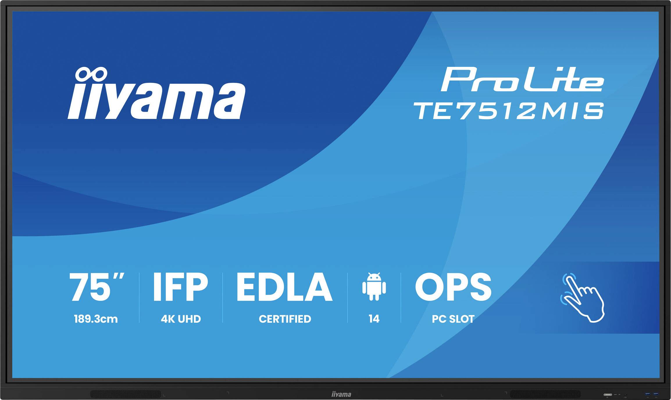 Un écran affichant le 'iiyama ProLite TE7512MIS' avec les caractéristiques techniques : écran tactile de 75 pouces en 4K UHD, IFP, certifié EDLA, Android 14, avec emplacement pour PC OPS.