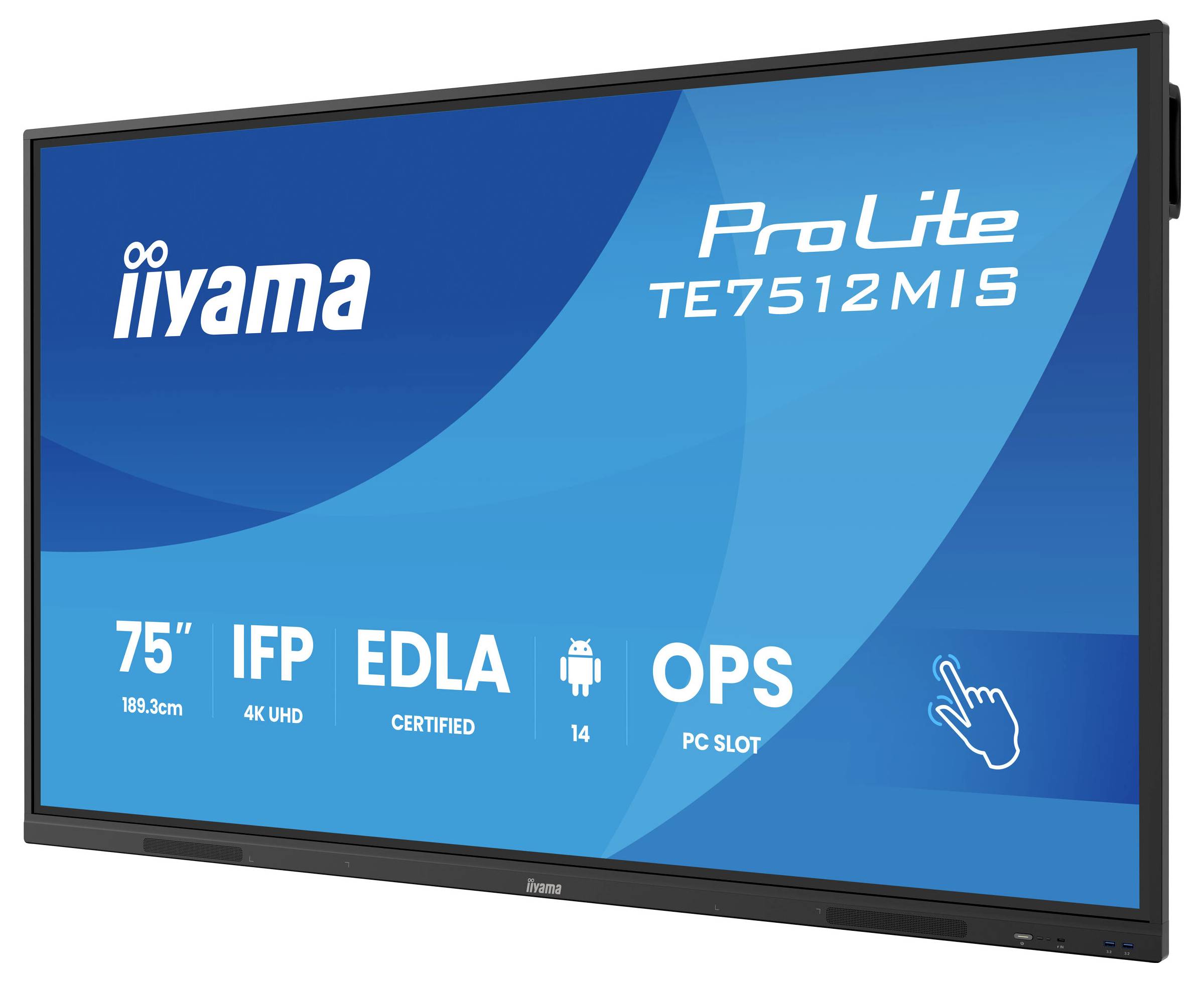 Un écran Iiyama ProLite TE7512MIS de 75 pouces. Les caractéristiques comprennent la résolution 4K UHD, la certification EDLA, Android 14, et un emplacement PC avec capacité tactile.