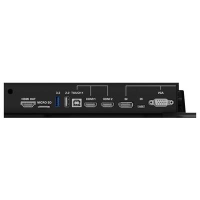 Panneau arrière d'un appareil montrant les ports : sortie HDMI, micro SD, USB 3.2, USB 2.0 tactile, HDMI 1, HDMI 2, entrée et connexions VGA.