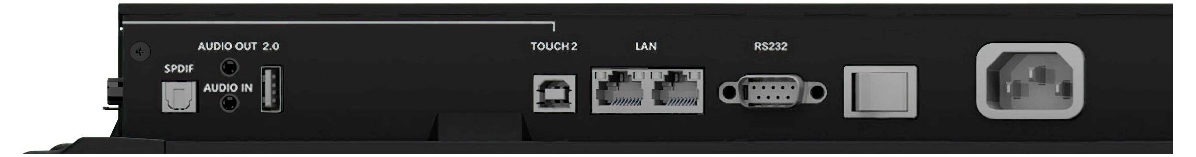 Panneau arrière d'un appareil électronique montrant divers ports, dont HDMI, LAN et l'entrée d'alimentation, avec un bouton de réinitialisation et d'autres connecteurs.