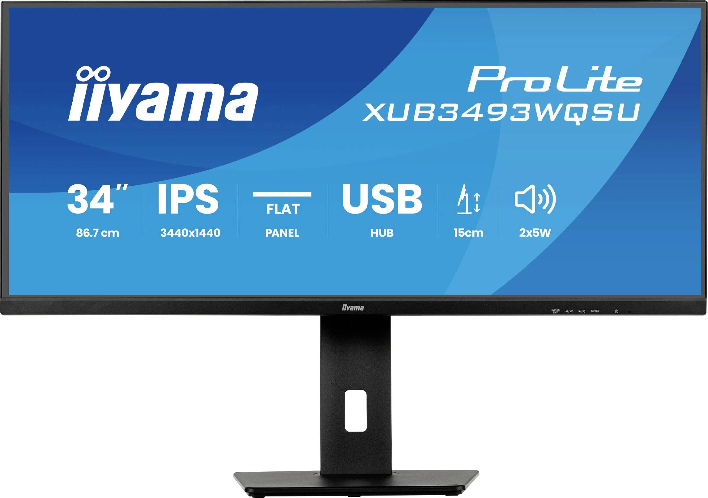 Un moniteur à écran plat affichant 'iiyama ProLite XUB3493WQSU', 34 pouces, résolution 3440x1440, IPS, avec hub USB, support de 15 cm et enceintes 2x5W.