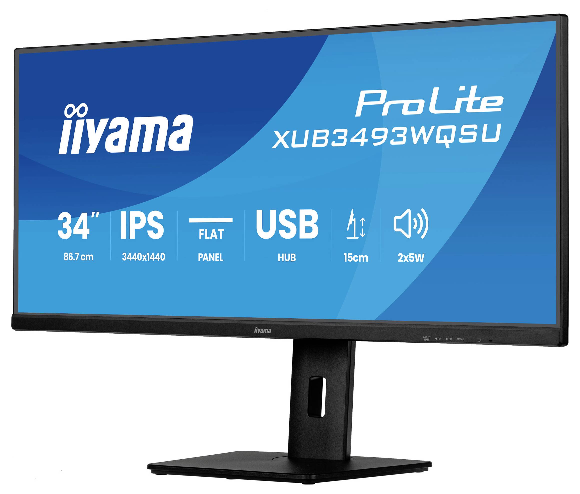 Moniteur de 34 pouces avec un écran plat et technologie IPS, doté d'un hub USB, avec une inclinaison ajustable de 15 cm et des haut-parleurs intégrés de 2x5W.
