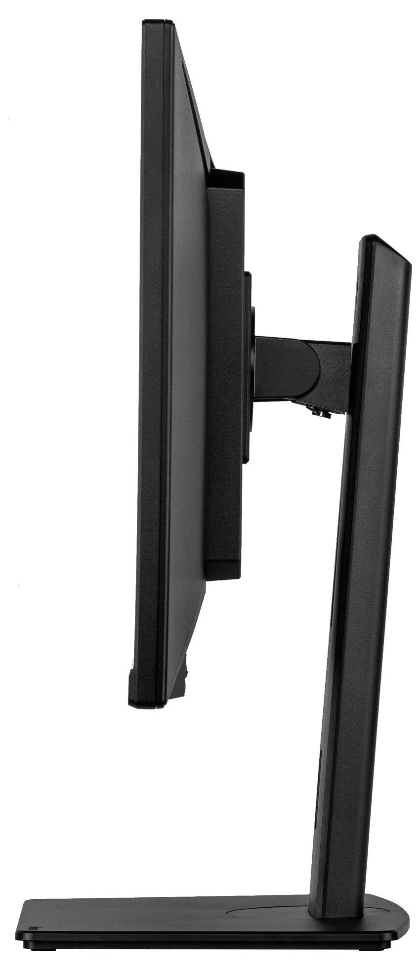 Vue latérale d'un écran plat sur son support, mettant en valeur son design fin et élégant.