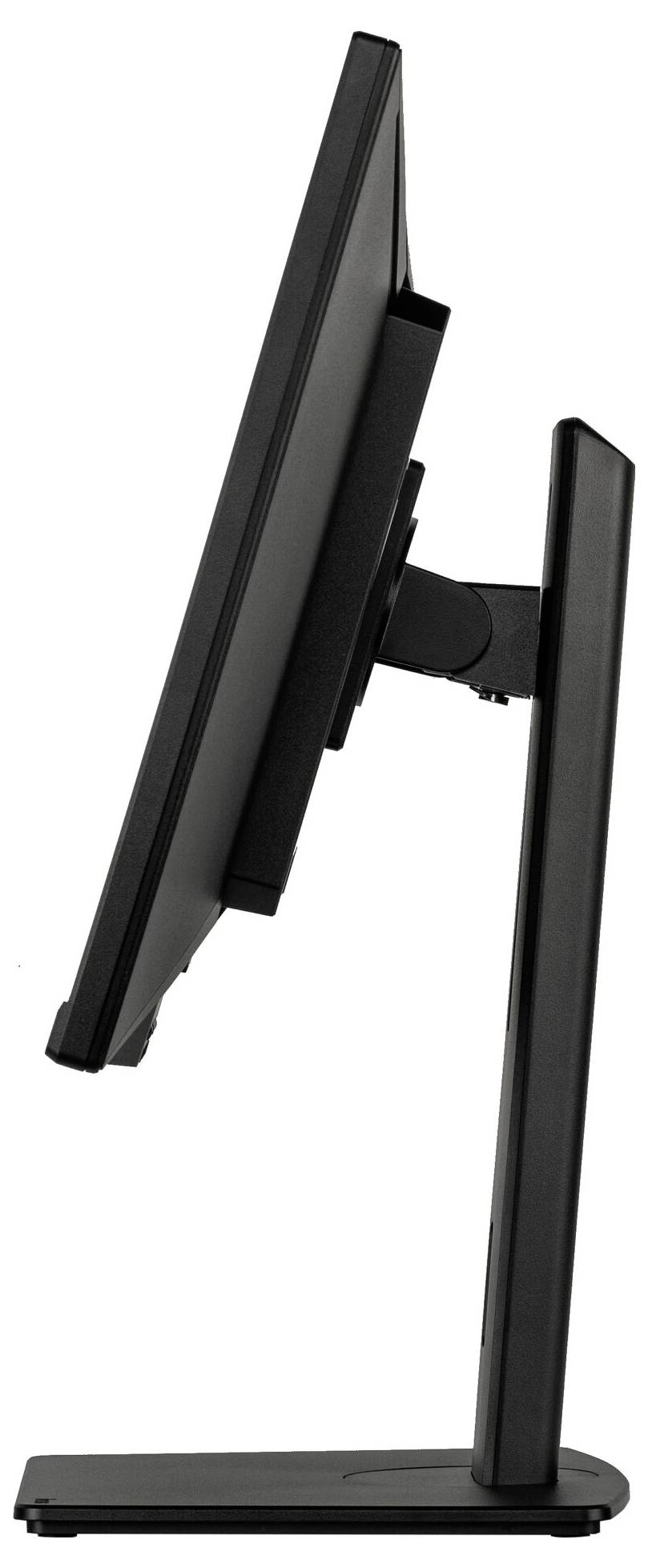 Une vue de côté d'un écran d'ordinateur à écran plat sur un support, montrant son profil fin et son mécanisme d'inclinaison réglable.