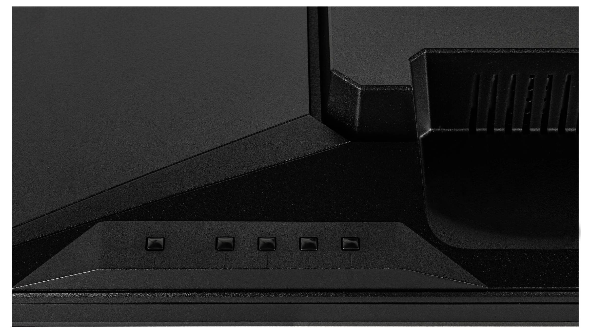 Un gros plan sur le socle d'un moniteur noir, révélant cinq petits boutons destinés à ajuster les paramètres, s'intégrant dans un design élégant et anguleux.