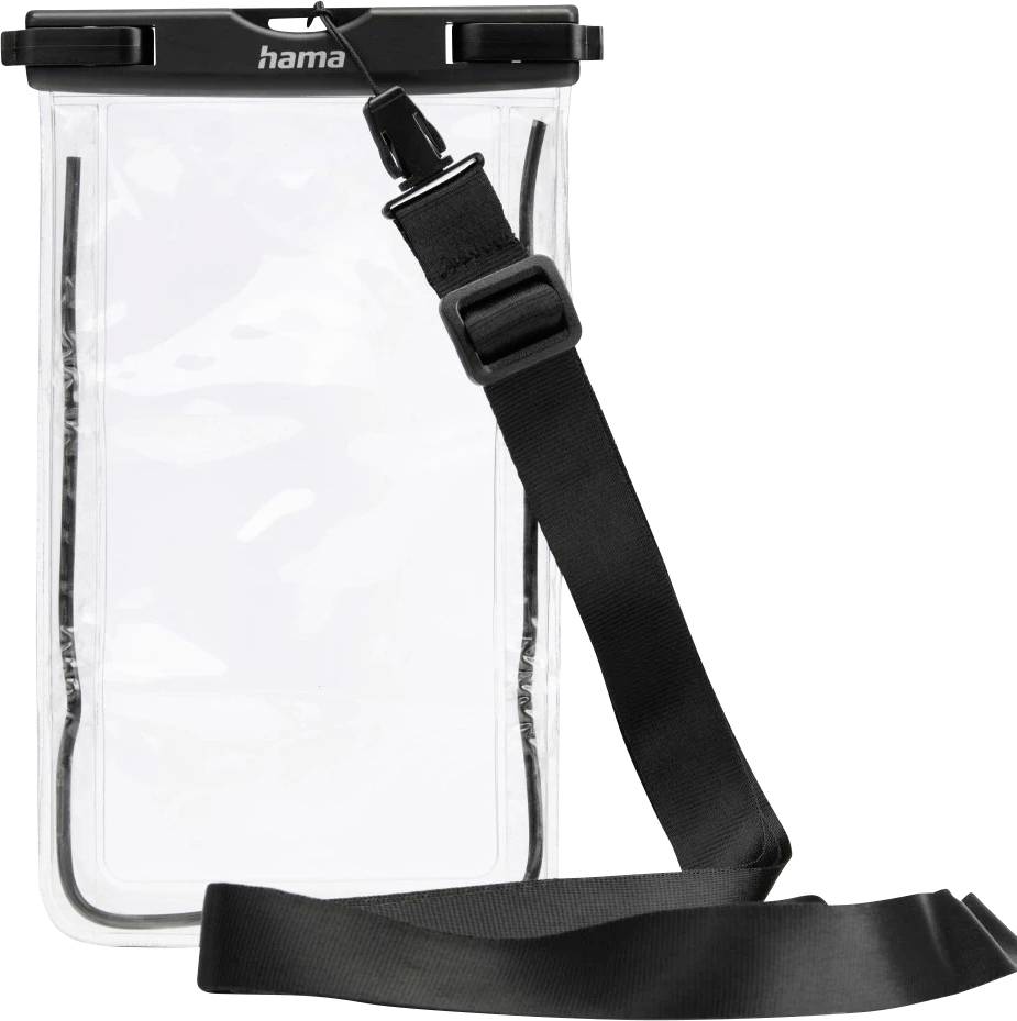 Une pochette téléphone transparente et imperméable, équipée d'une sangle réglable noire, conçue pour protéger les appareils contre l'eau tout en permettant l'utilisation de l'écran.