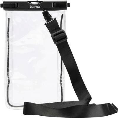 Une pochette téléphone transparente et imperméable, équipée d'une sangle réglable noire, conçue pour protéger les appareils contre l'eau tout en permettant l'utilisation de l'écran.