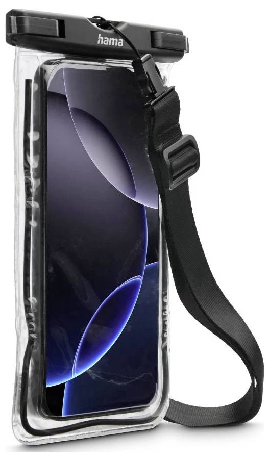 Une pochette transparente et imperméable pour téléphone avec une lanière noire, contenant un smartphone à l'intérieur.