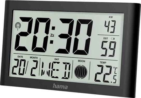 Horloge radiopilotée Hama 00222217 électronique, radiopiloté(e) 300 cm x 20.00 mm x 12.00 mm x 2.60 mm noir