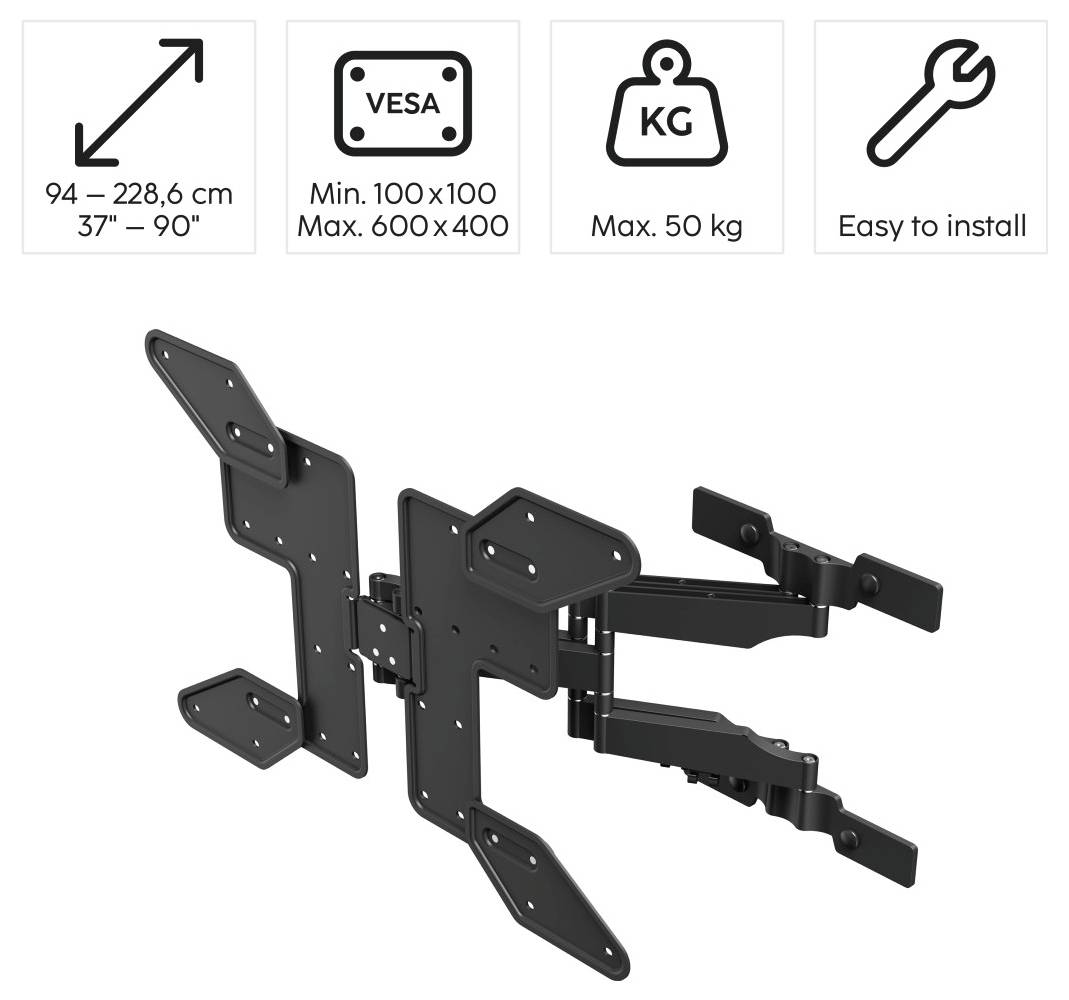 Support mural articulé pour TV avec bras réglables, compatible VESA 100x100 à 600x400, supporte jusqu'à 50 kg, facile à installer.