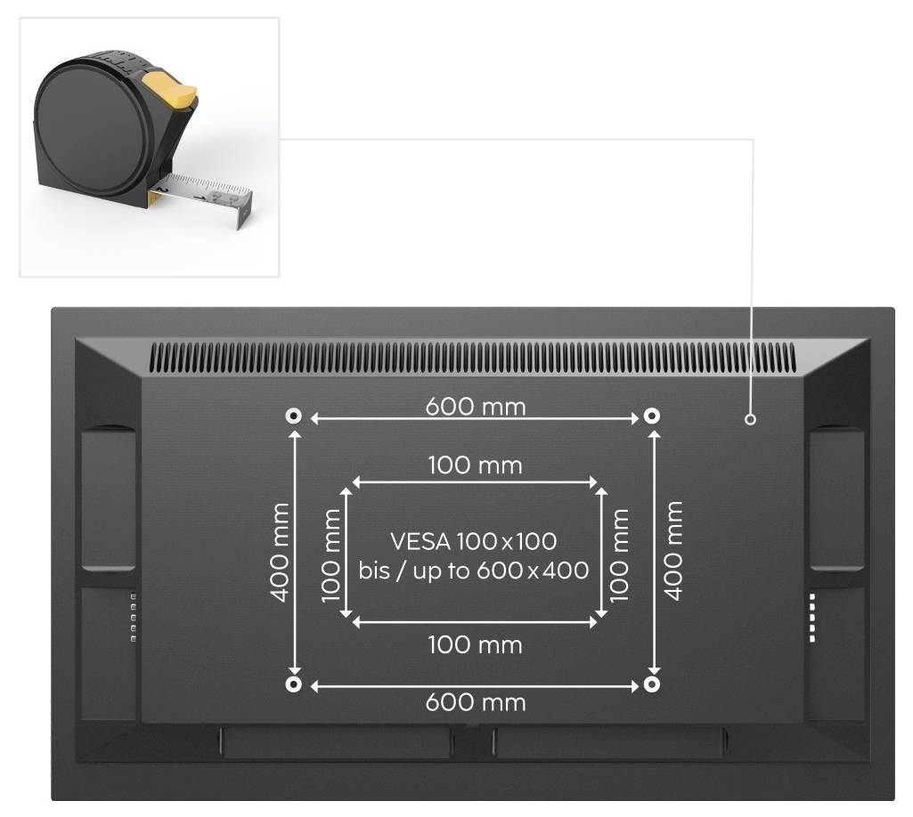 Un écran plat noir affichant les dimensions de montage VESA de 100x100 mm à 600x400 mm. L'image insérée montre un outil mesurant la profondeur.