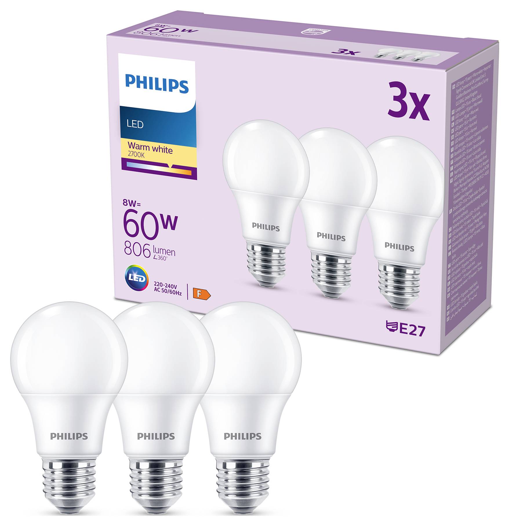 Philips 8719514452404 LED CEE F (A - G) E27 8 W = 60 W blanc chaud 3 pc(s)-1