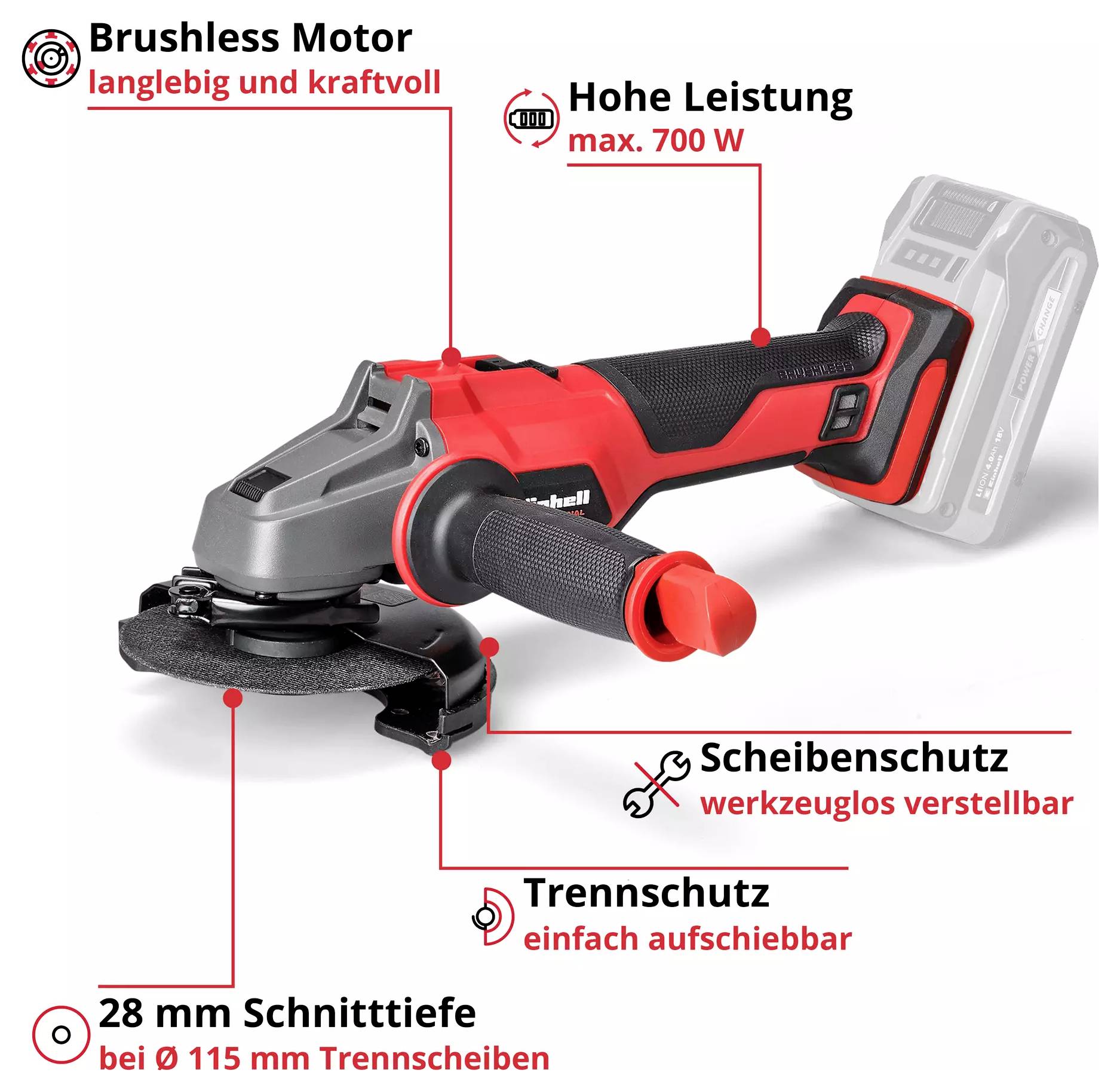 Meuleuse d'angle sans fil avec moteur brushless, puissance maximale de 700 W, protection de disque réglable sans outil et profondeur de coupe de 28 mm.