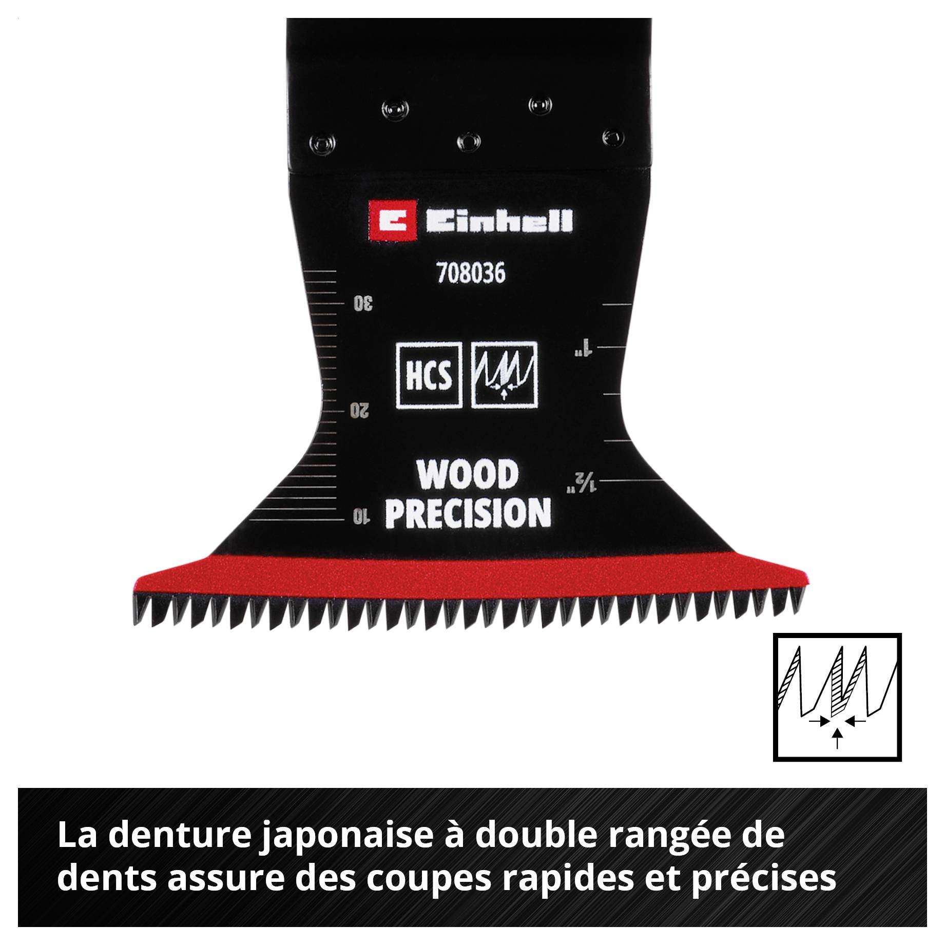 Lame de scie double face d'Einhell avec denture japonaise pour des coupes de bois précises ; le graphique montre le motif de coupe.