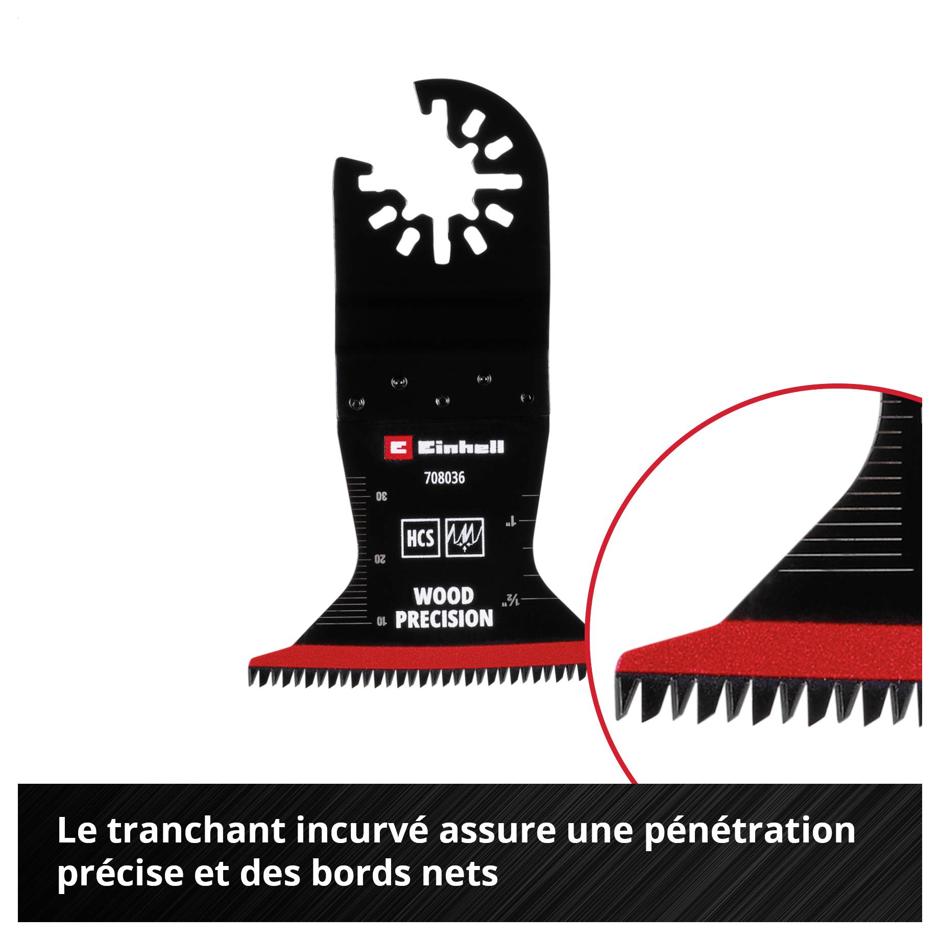 Un accessoire courbé avec des dents rouges, adapté pour les travaux précis du bois. Texte dans l'image : « Le tranchant à dents fines assure des bords précis et nets ».