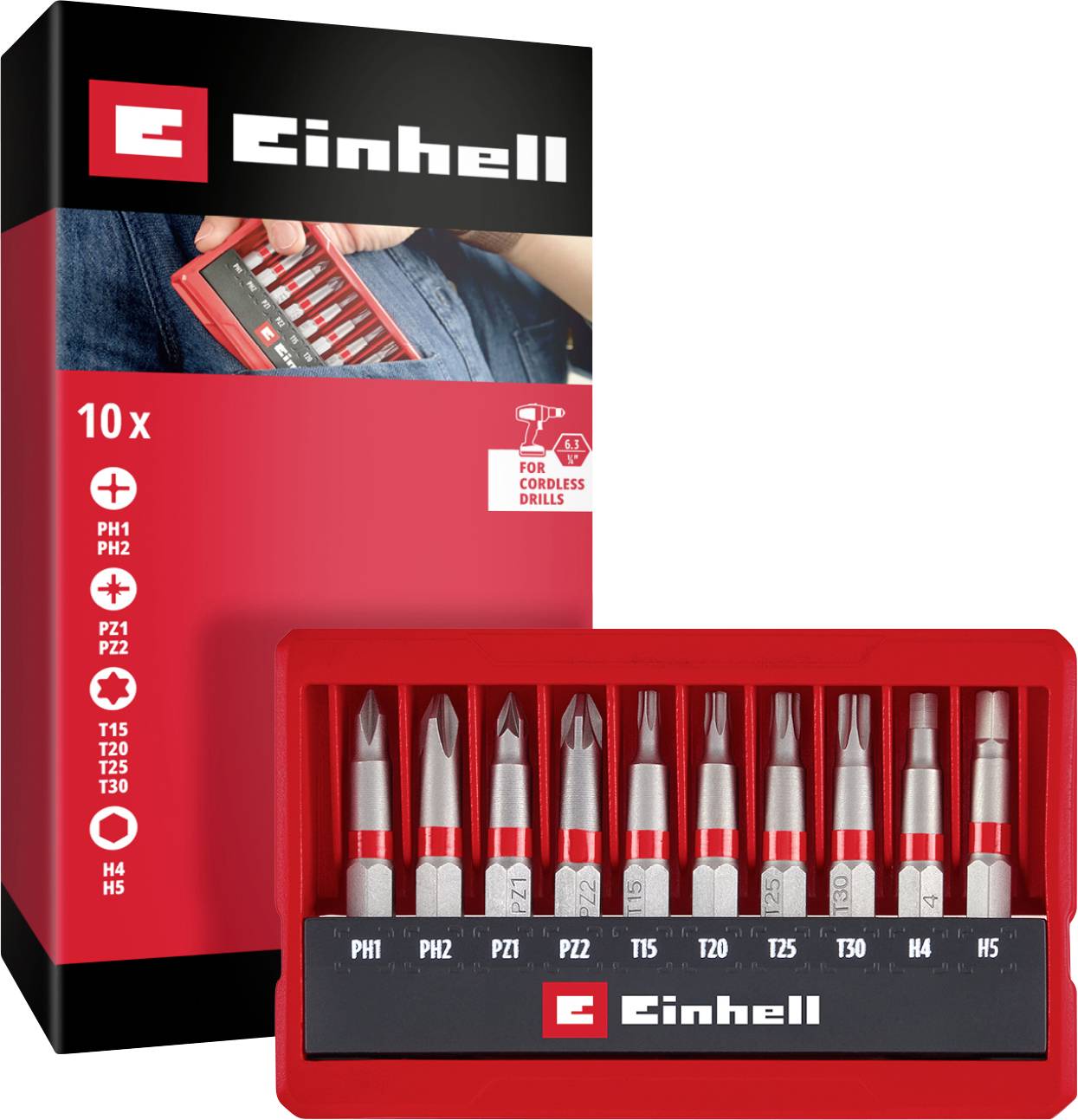 Einhell Bit Taschenbox 10tlg 118643 Jeu d'embouts PH, PZ, 6 pans intérieurs, TX-0