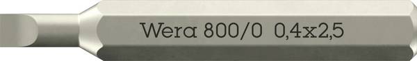 <br>  Wera<br>  05058101001<br>  800 Micro<br>  Embout pour vis à tête fendue<br>  Propulseur: 1/4" (6.3 mm)<br>  Sortie: cruciforme Phillips<br>  2.5 mm<br>  <br>