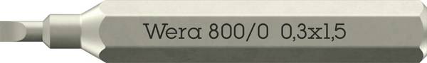 <br>  Wera<br>  05058104001<br>  800 Micro<br>  Embout pour vis à tête fendue<br>  Propulseur: 1/4" (6.3 mm)<br>  Sortie: cruciforme Phillips<br>  1.5 mm<br>  <br>