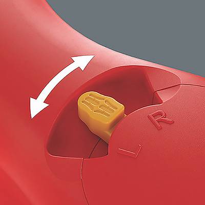 Un appuie-tête de siège auto rouge avec un bouton réglable beige portant l'étiquette « R », indiquant un réglage du côté droit.