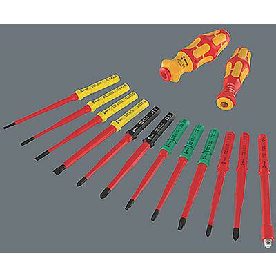 Un ensemble de tournevis isolés colorés, comprenant différentes tailles et types, disposés sur un fond gris.