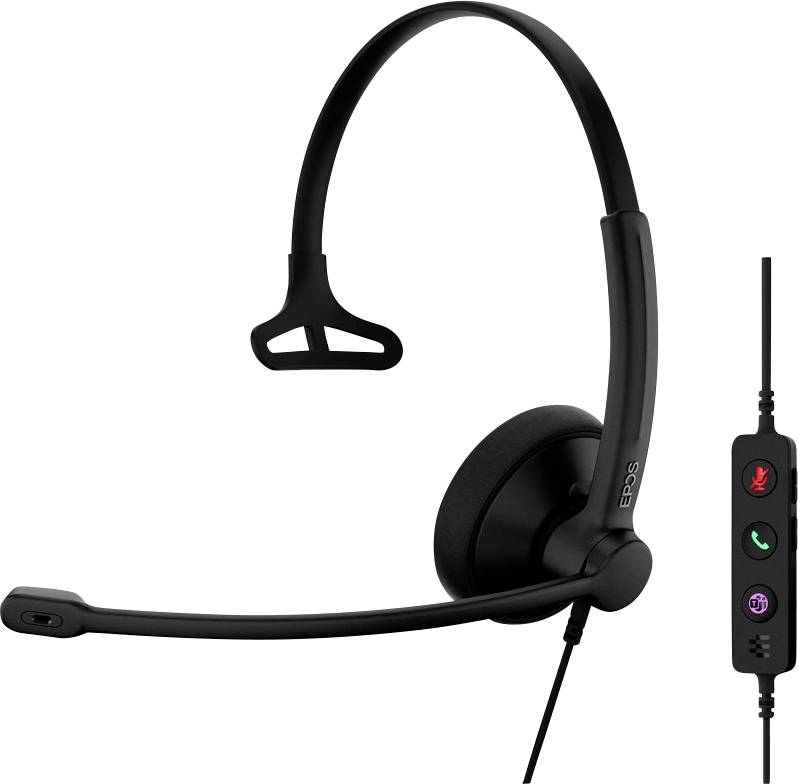 Un casque noir avec un bras de microphone et un écouteur ; doté de commandes intégrées pour le volume, les appels et les fonctions de sourdine.