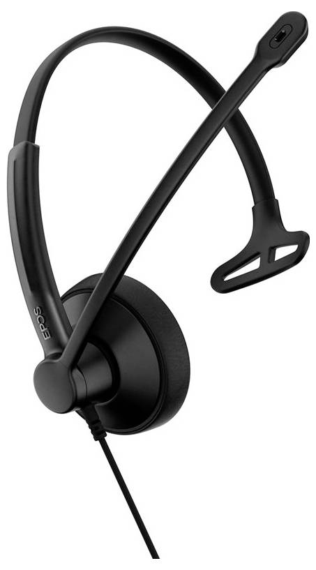 Un casque noir avec un seul écouteur, doté d'une perche micro ajustable, adapté pour les centres d'appels ou les environnements de bureau.