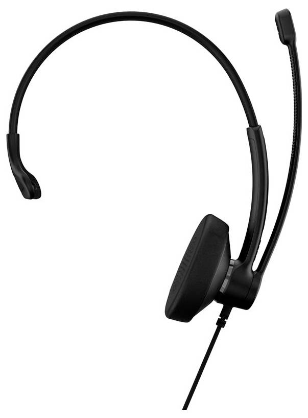 Un casque mono noir avec une perche de microphone sur le côté gauche, conçu pour un usage professionnel ou de centre d'appels.