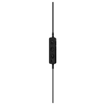 Contrôle audio en ligne noir avec boutons de volume plus, volume moins, et pause/lecture.