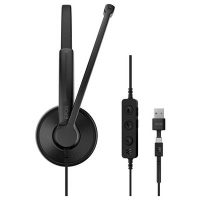 Casque noir avec microphone ajustable et connecteur USB. Doté de commandes intégrées pour le volume, la mise en sourdine et les fonctions d'appel.