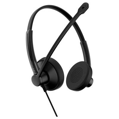 Casque noir circumaural avec un microphone à perche flexible et des coussinets d'oreille rembourrés, conçu pour une communication audio confortable.