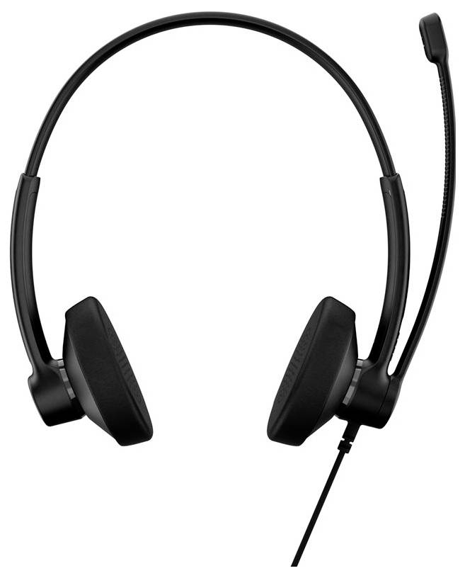 Un casque filaire noir avec un arceau sur la tête et un microphone à perche réglable est présenté, adapté à la communication vocale.