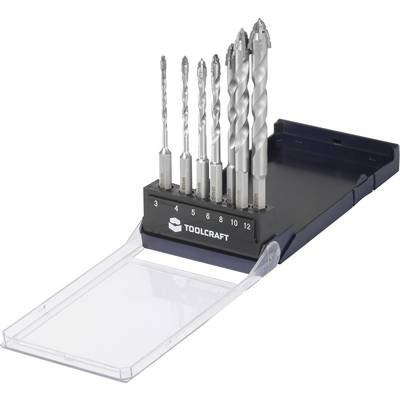 Un ensemble de sept forets en métal de différentes tailles, présentés dans un coffret ouvert étiqueté, allant de la taille 3 à la taille 12 par Toolcraft.