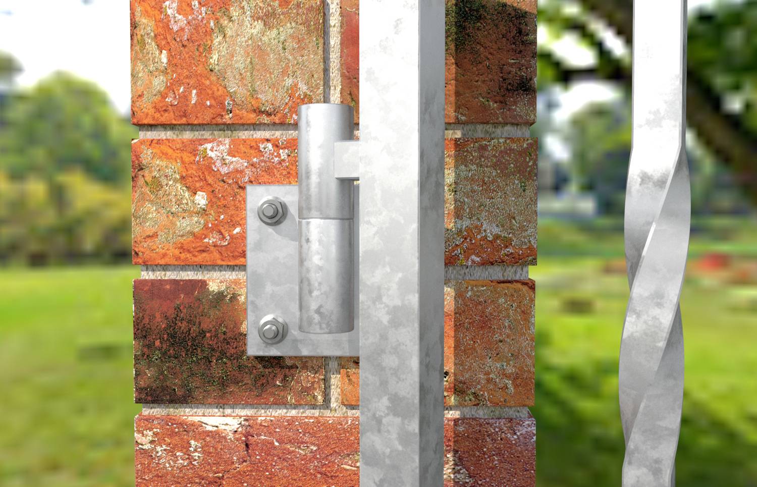 Une charnière métallique de portail est fixée à un mur de briques rouges. L'arrière-plan montre une zone herbeuse floue avec des arbres, suggérant un environnement extérieur.