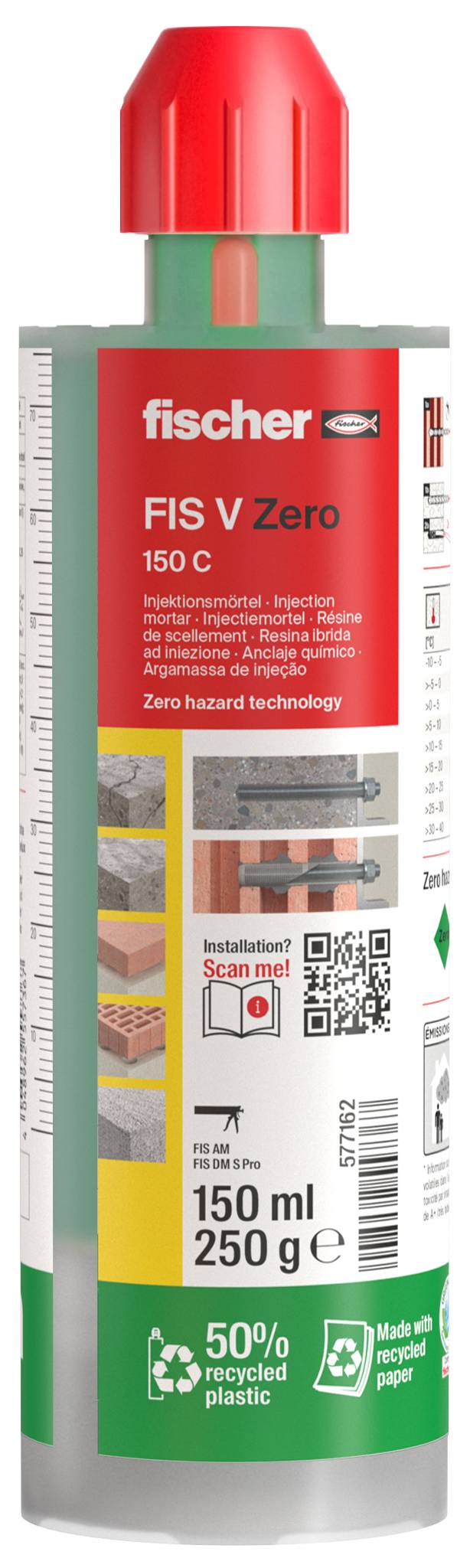 Cartouche de mortier d'injection Fischer FIS V Zero 150 C, 150 ml, avec code QR et icônes de plastique recyclé.