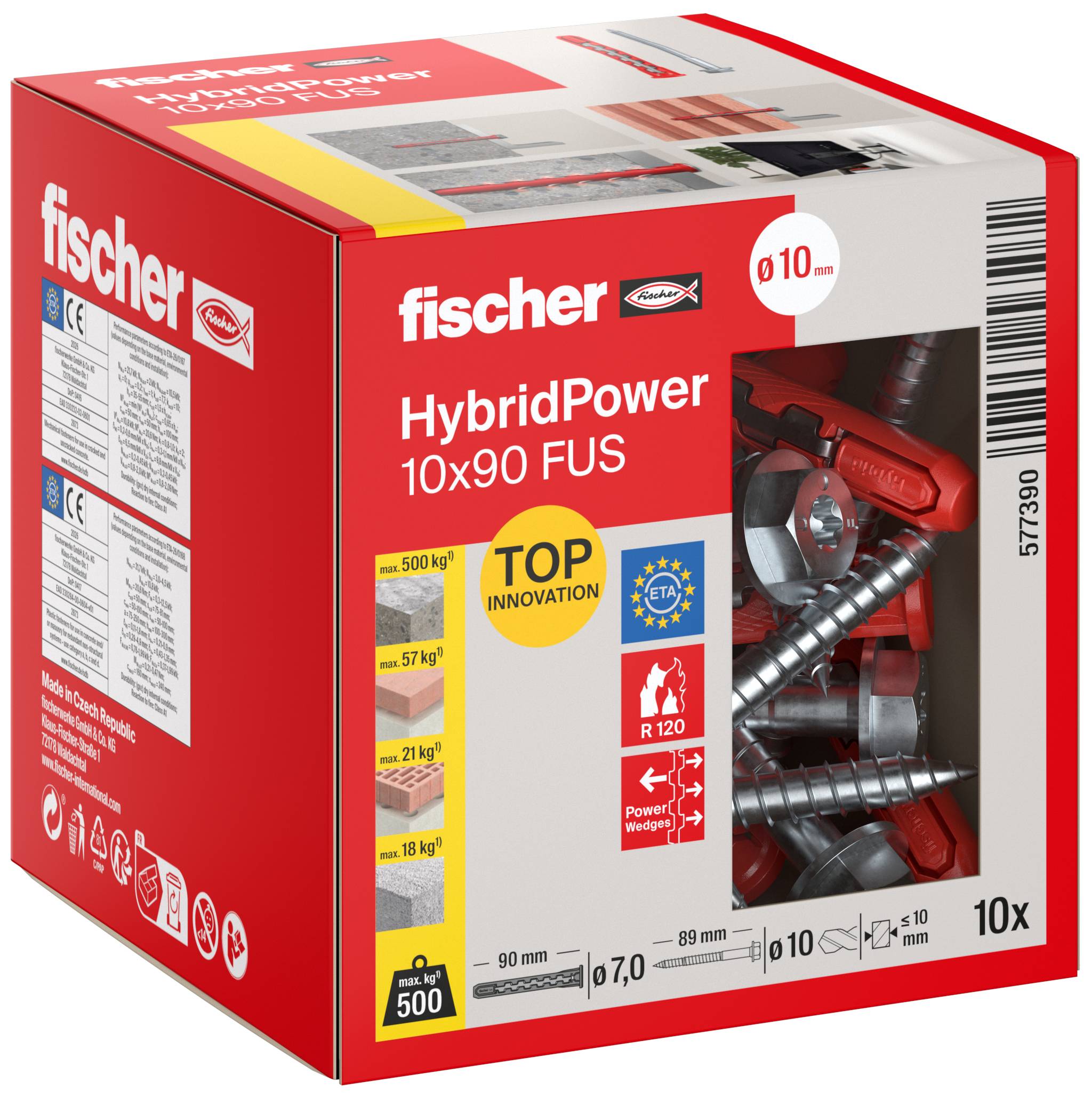 Paquet de chevilles murales Fischer HybridPower 10x90 FUS, boîte rouge avec fenêtre produit montrant les chevilles à l'intérieur.