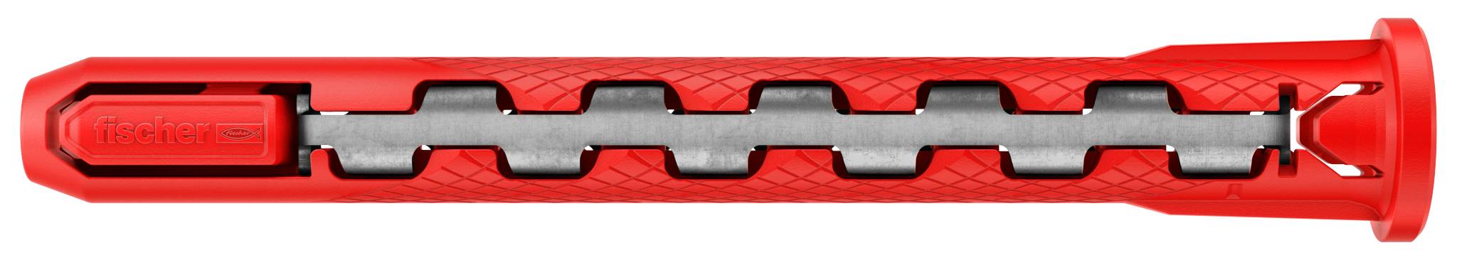 Cheville murale en plastique rouge avec manchon d'expansion segmenté gris et tête striée, utilisée pour fixer une vis dans du placo ou de la maçonnerie.
