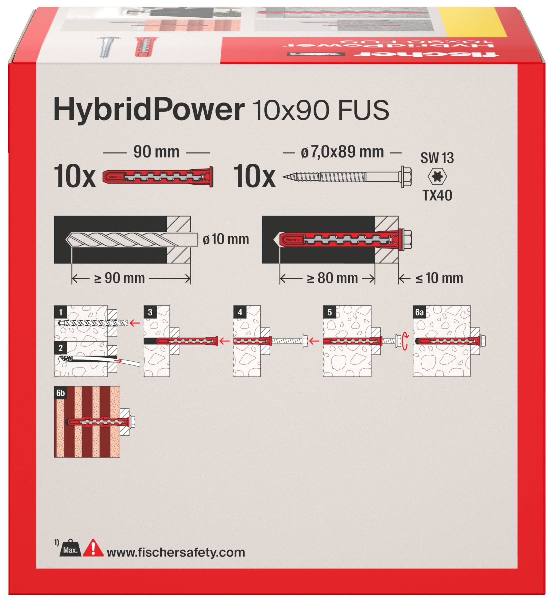 Emballage pour chevilles Fischer HybridPower 10x90 FUS, contenant 10 chevilles, 10 vis, dimensions et diagrammes d'installation étape par étape.