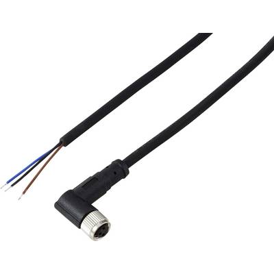 Un câble noir à angle droit de 90 degrés avec trois fils exposés (bleu, marron, blanc) pour les connexions électriques, et un connecteur circulaire.