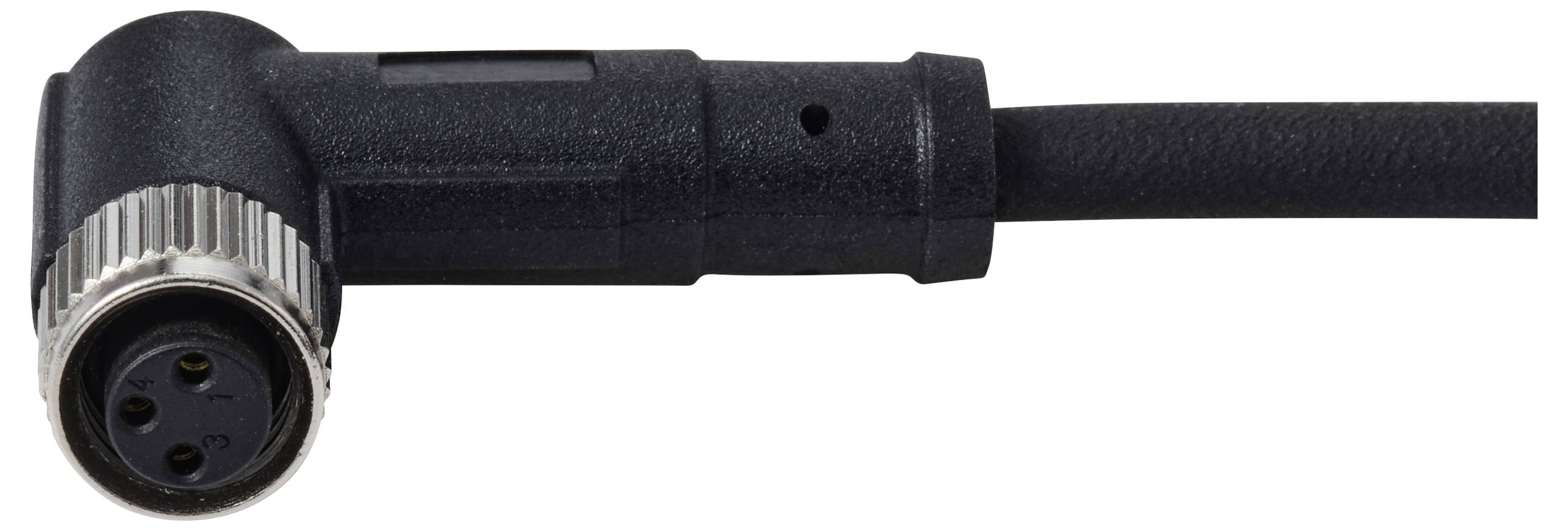 Un connecteur de câble industriel noir, à angle droit, avec un anneau métallique, présentant trois alvéoles de broches visibles, sur un fond blanc.