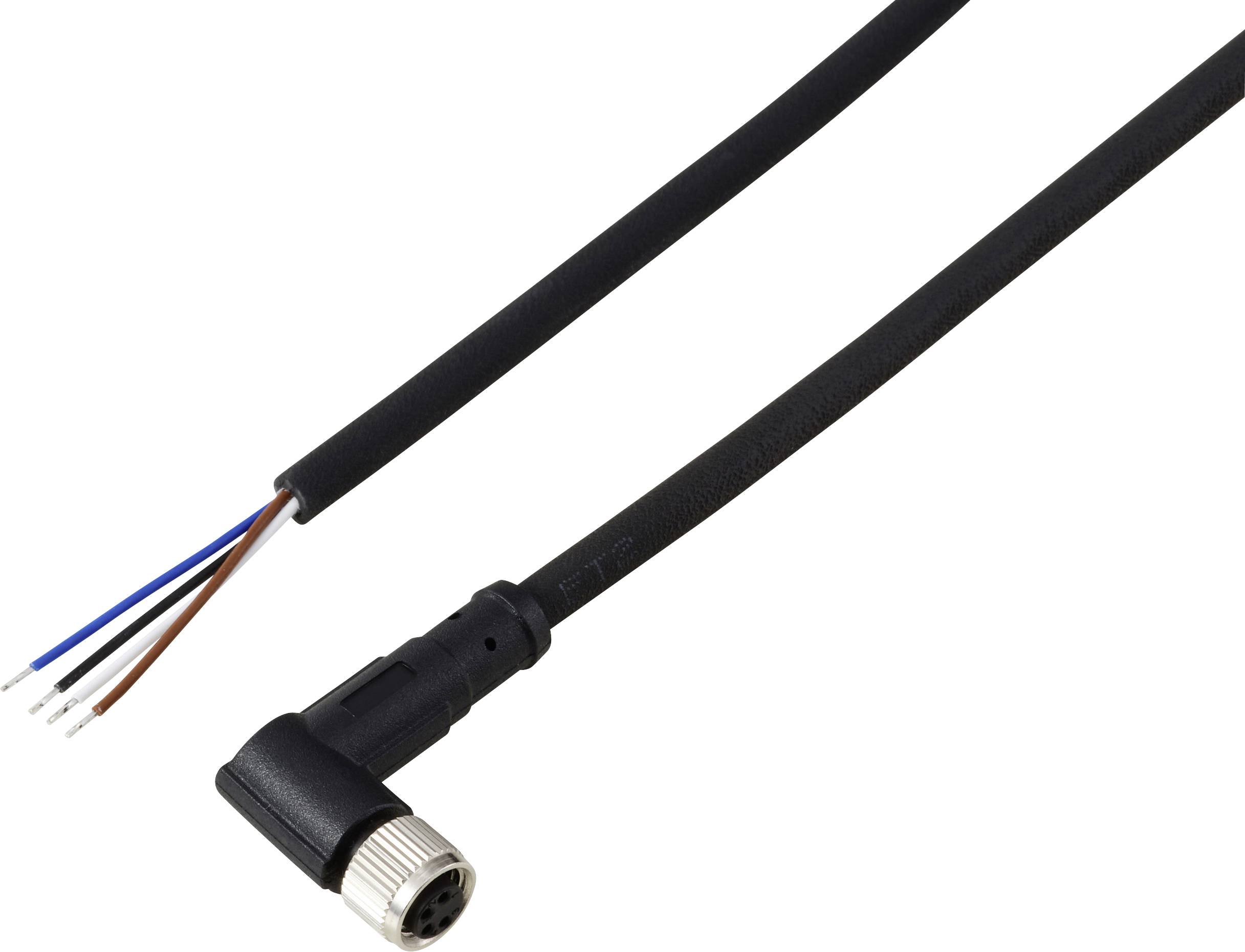 Un câble de connexion circulaire noir avec des fils dénudés à une extrémité et une fiche à angle droit à l'autre, utilisé pour les connexions électroniques.