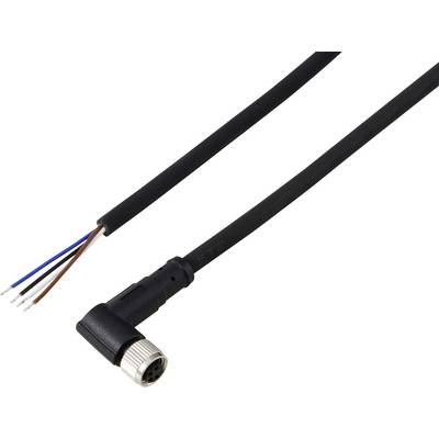 Un câble de connexion circulaire noir avec des fils dénudés à une extrémité et une fiche à angle droit à l'autre, utilisé pour les connexions électroniques.